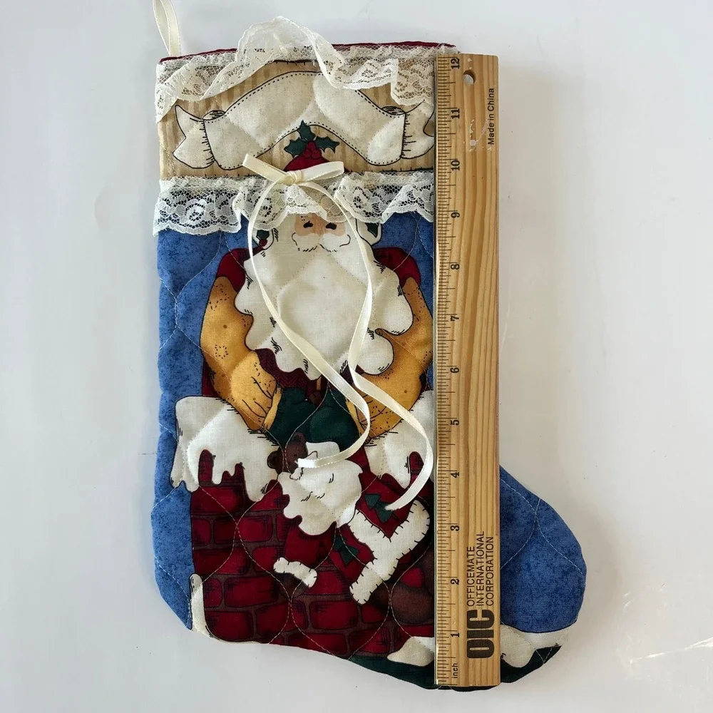 Vintage Quilted Santa Claus Christmas Stocking Lace Trim Victorian Country Decor
